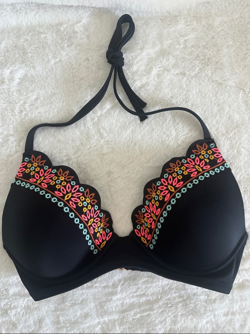 Black Embroidered Halter Bikini Top with Neon Floral Trim